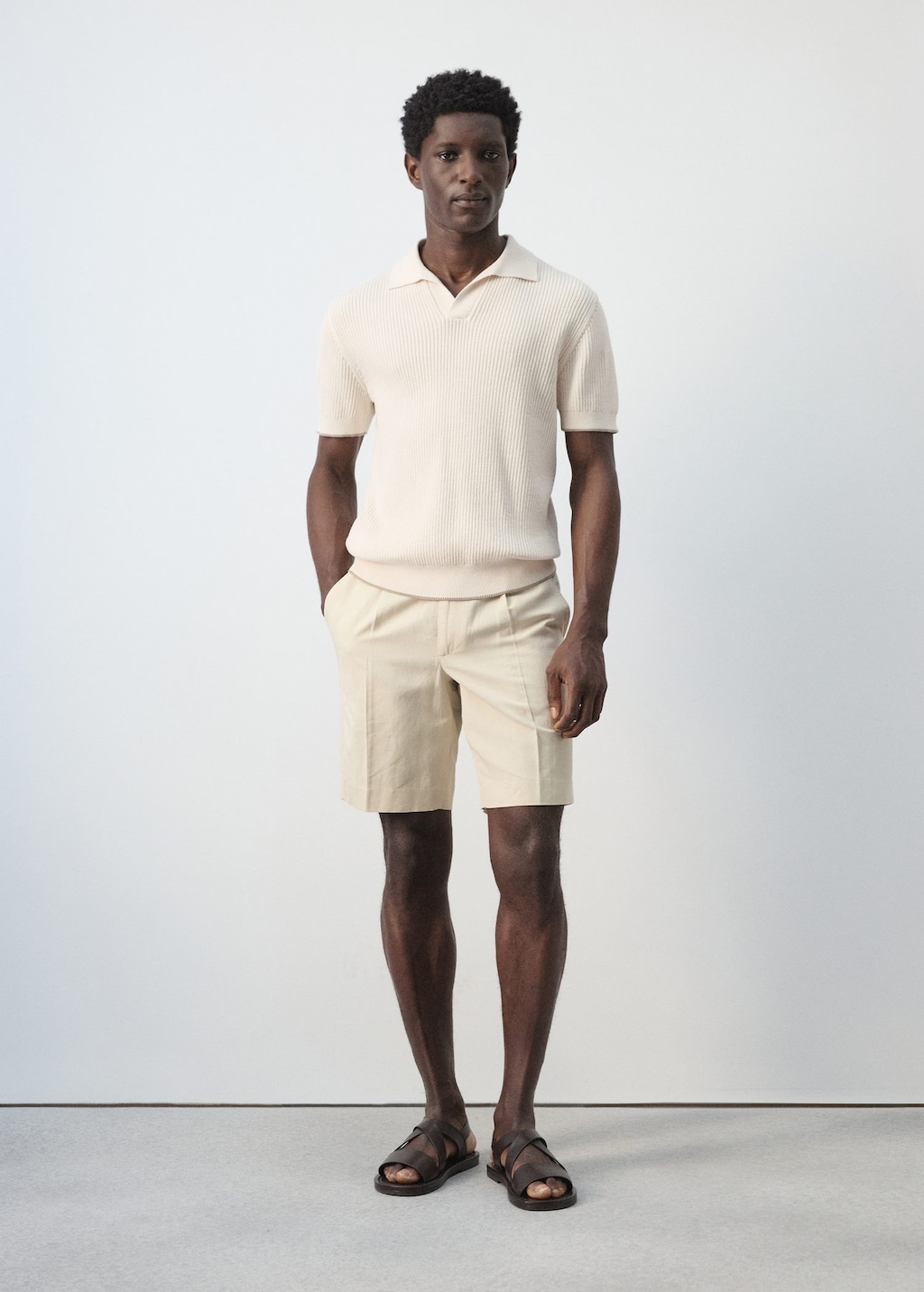 Mango Ribbed Knit Contrast Polo Sand In Neutral
