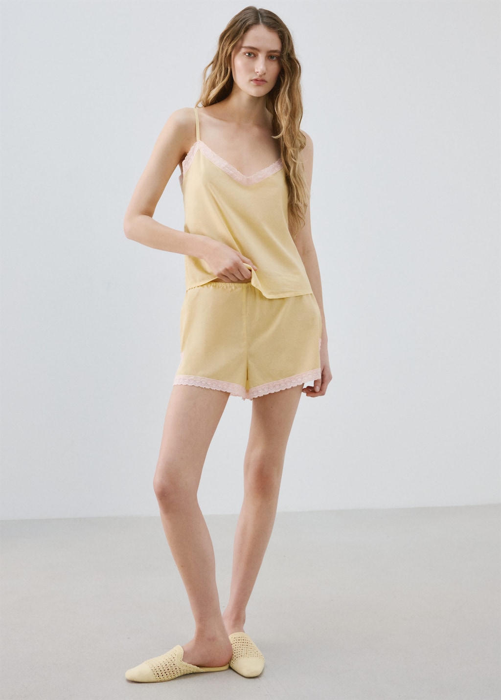 Mango Short Pyjama 100 % Coton Jaune Pastel - Femme - L -