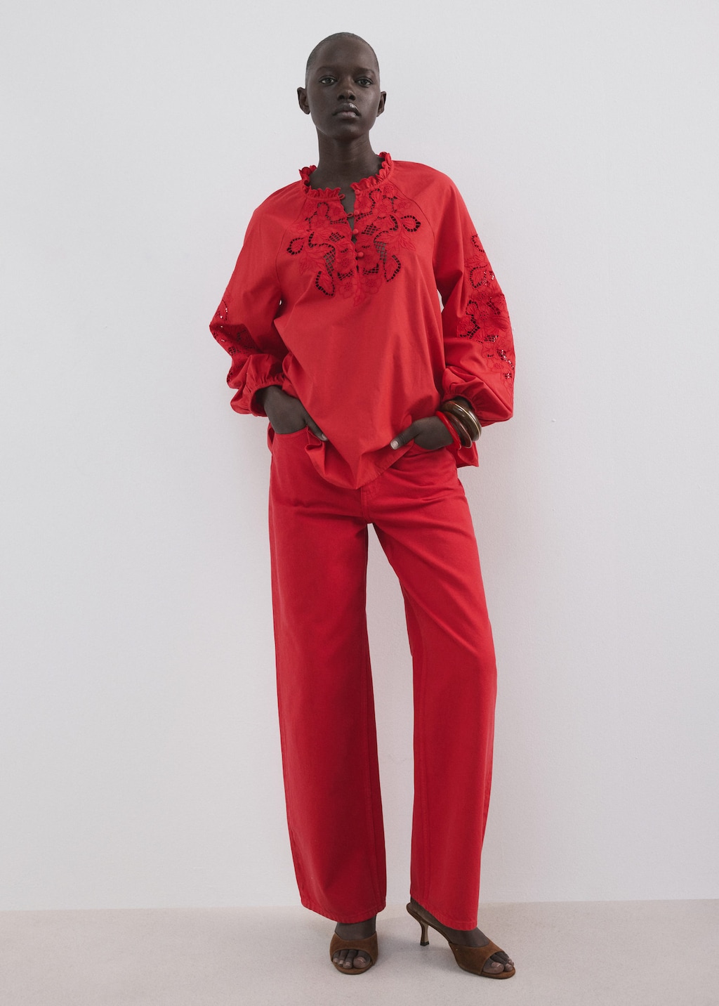 Mango Blouse Broderies Ajourées Rouge - Femme - L -  In Red