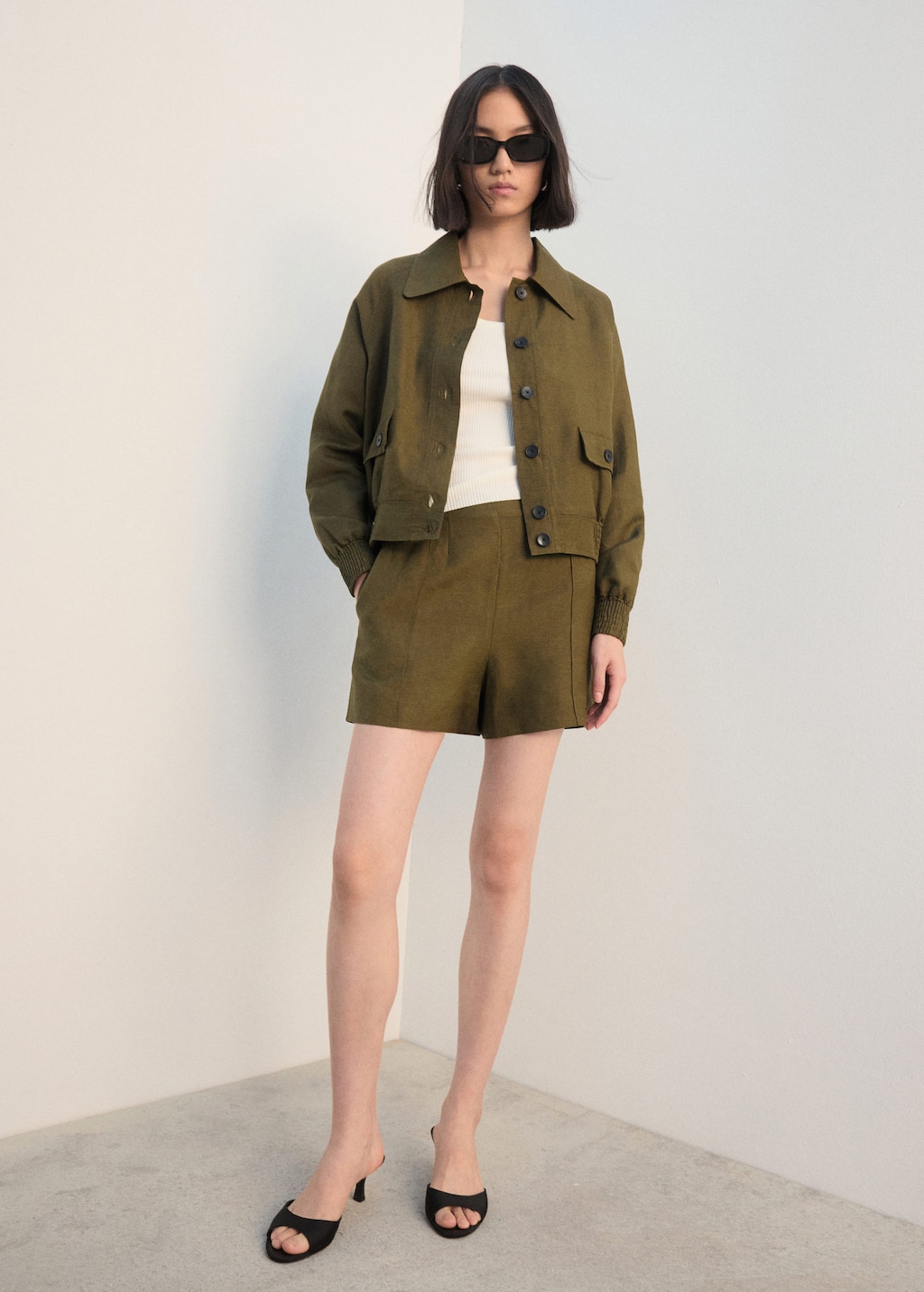 Mango High-waist Linen Shorts Khaki In Green