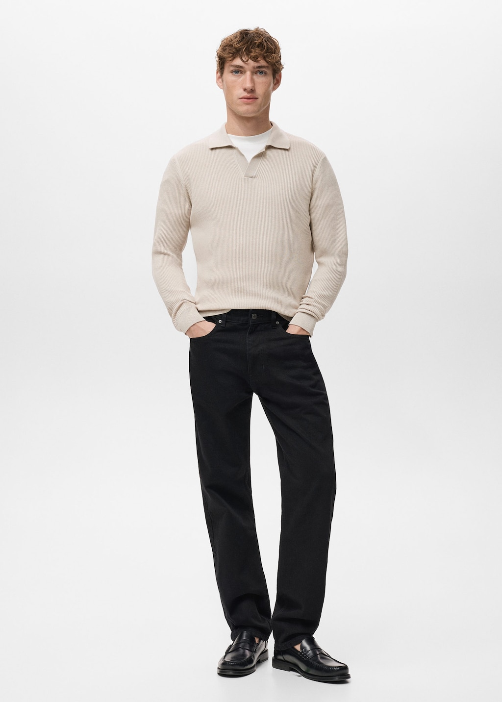 Mango Man Cotton-blend Ribbed Polo Sweater In Neutral
