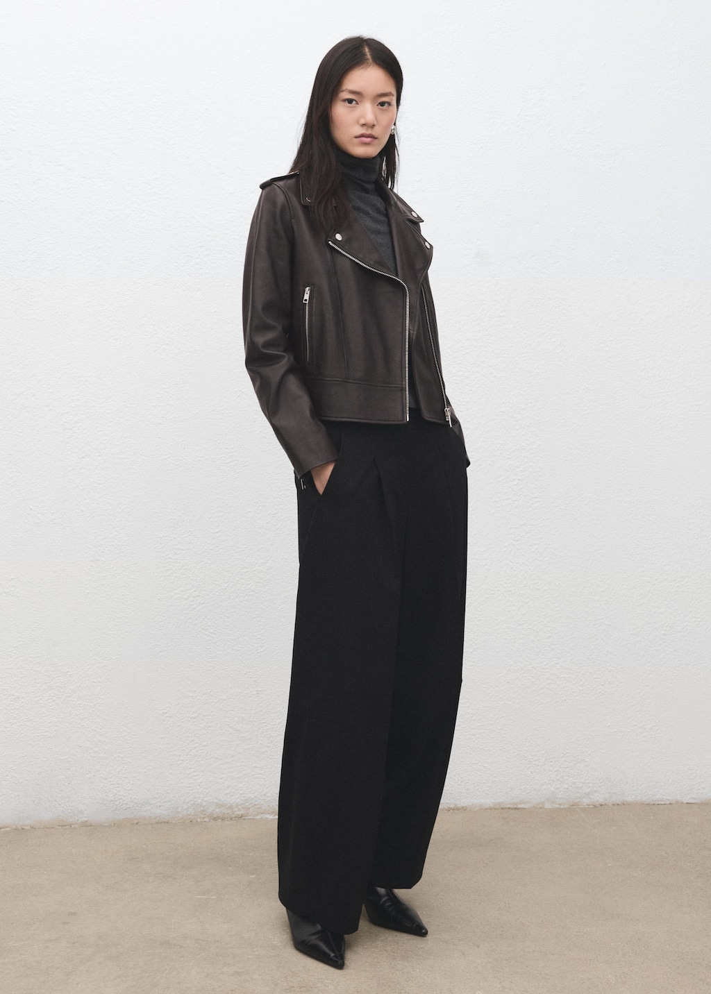 Mango Leather Biker Jacket Chocolate In Brown