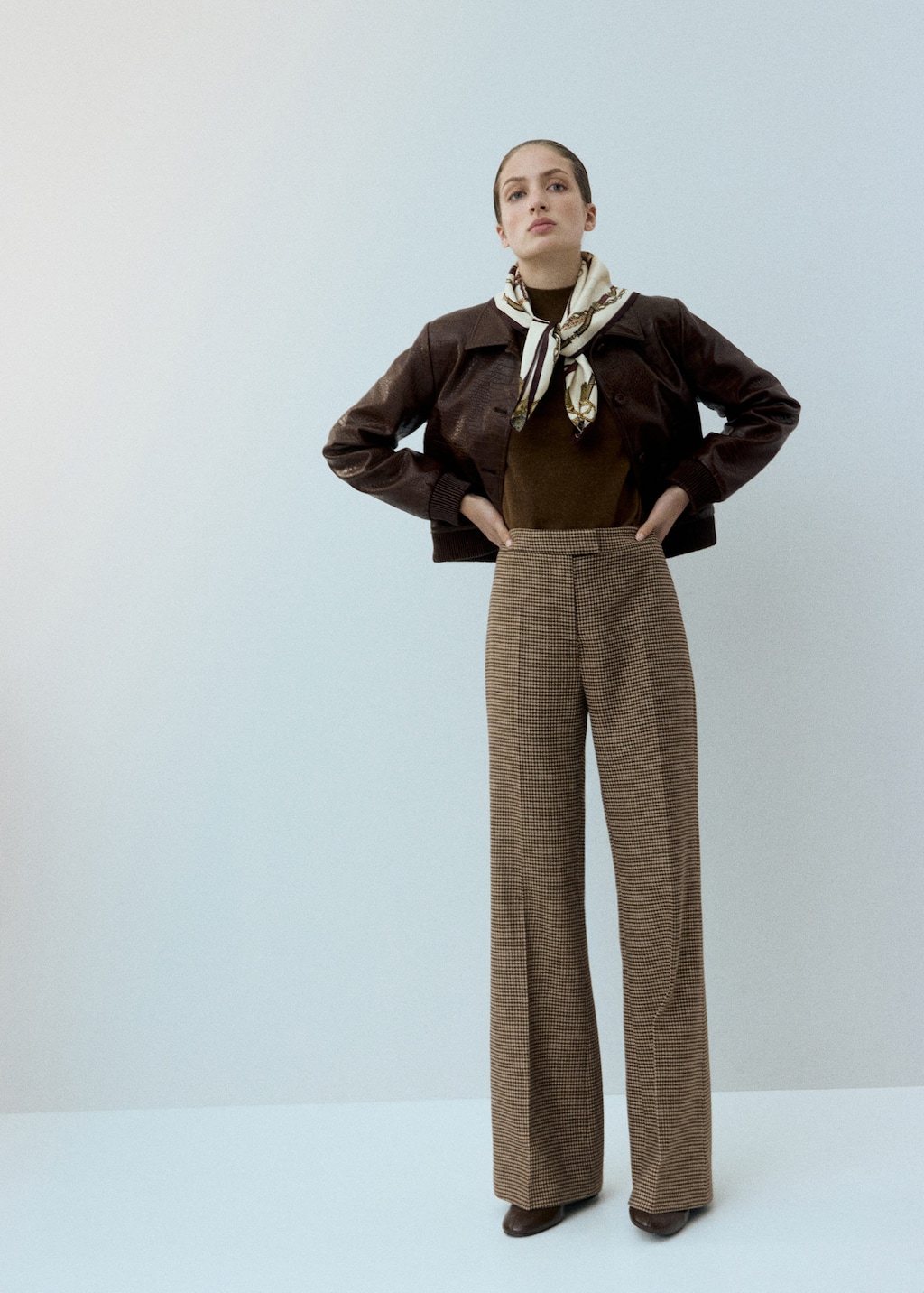 Mango Houndstooth Wool Blend Trousers Medium Brown