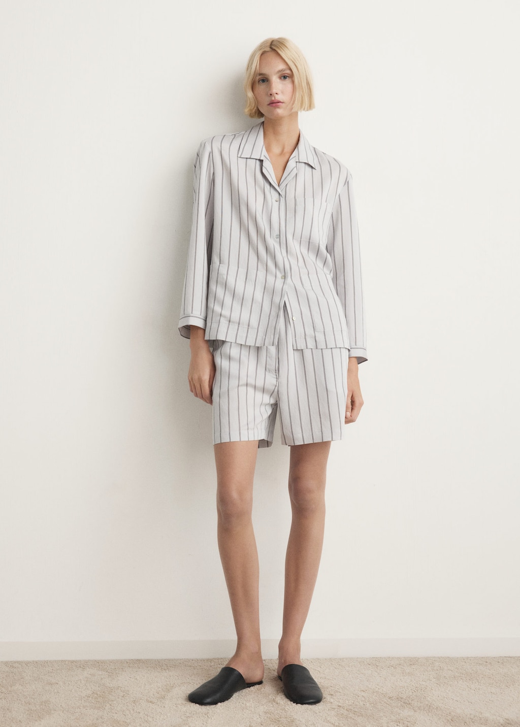 Mango Striped Pyjama Shorts Grey In White