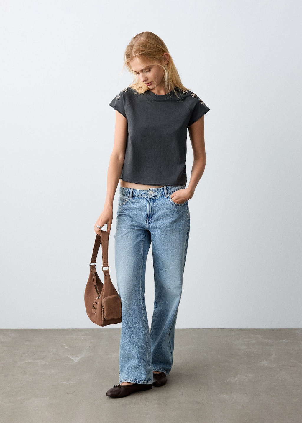 Mango Embroidered Cotton T-shirt Charcoal In Black