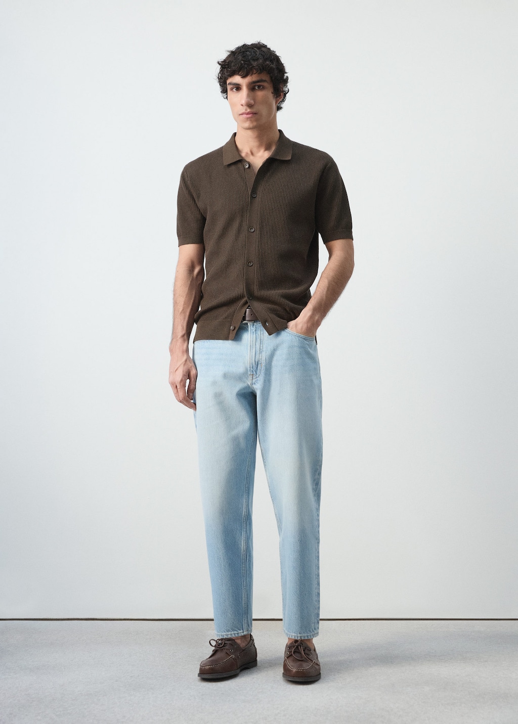 Mango Structured Knit Polo, 100% Cotton, With Buttons In Chocolate