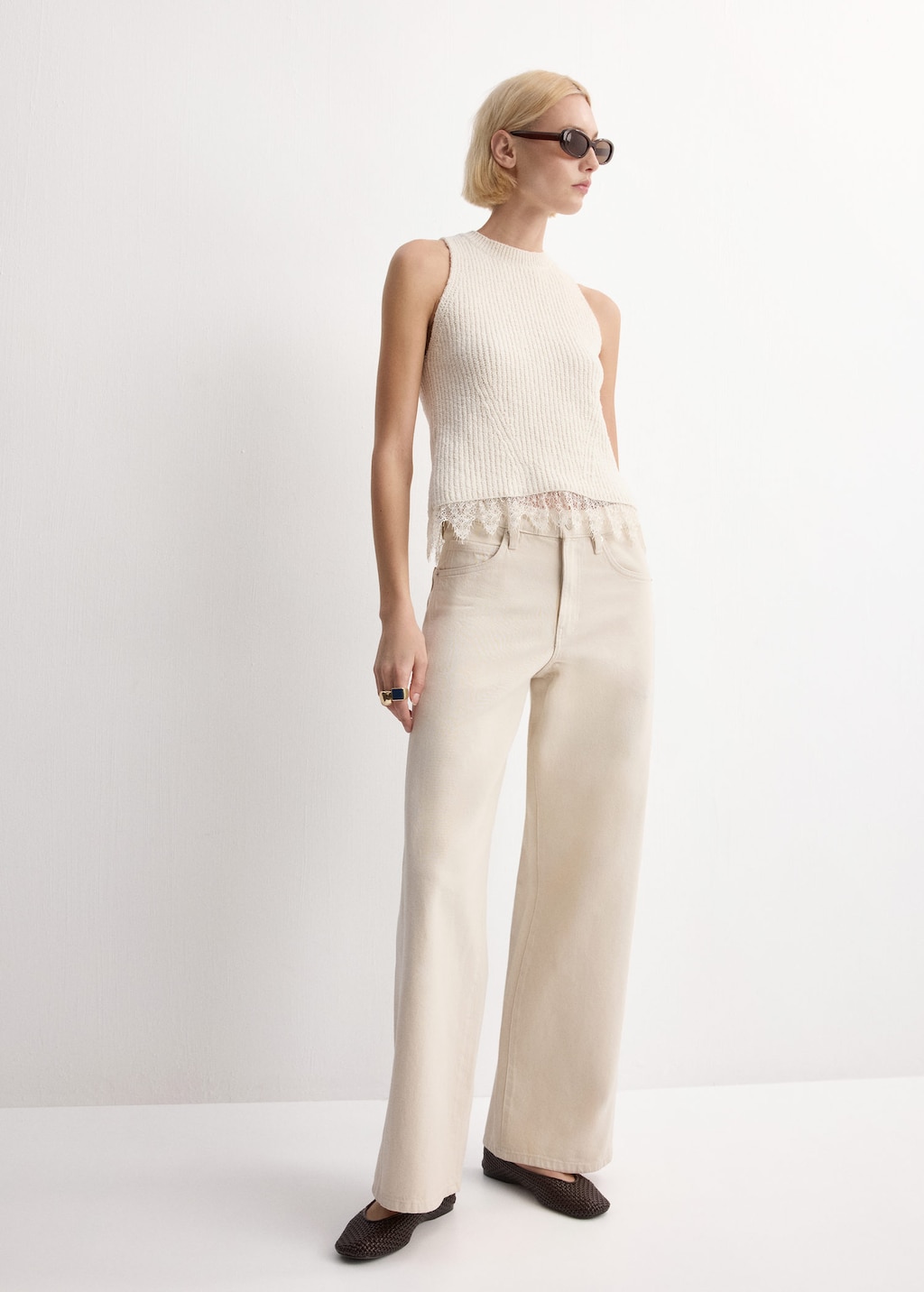 Mango Haut En Tricot Avec Bordure En Dentelle Écru - Femme - L -  In Neutral