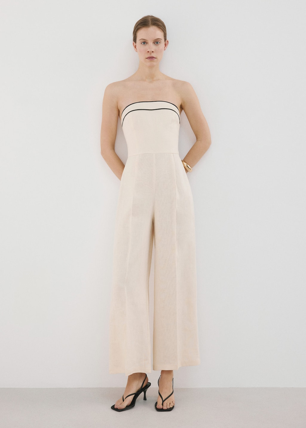 Mango Strapless Linen Jumpsuit In Ecru
