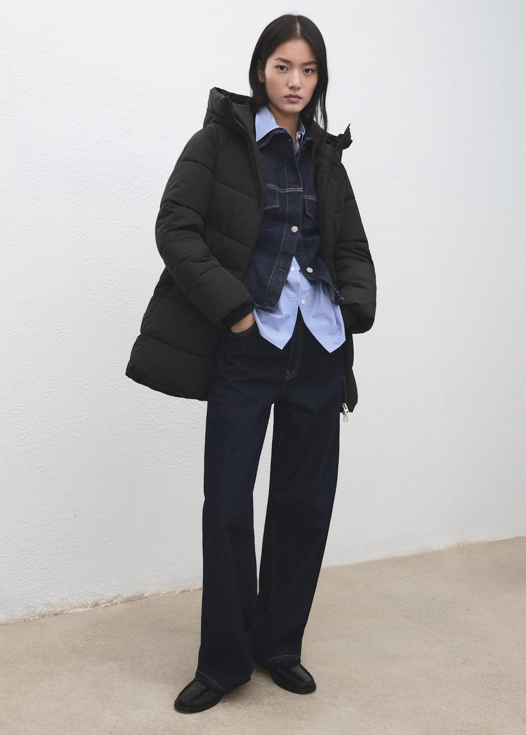 Mango Hood Puffer Coat Black