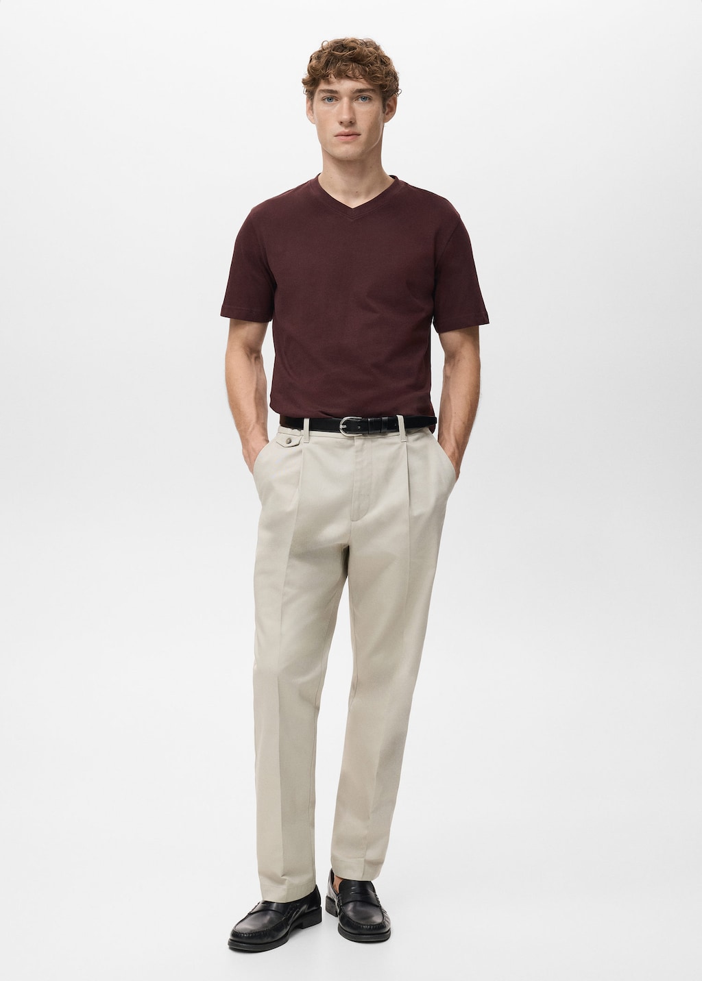 Mango Man 100% Cotton Slim-fit V-neck T-shirt Burgundy