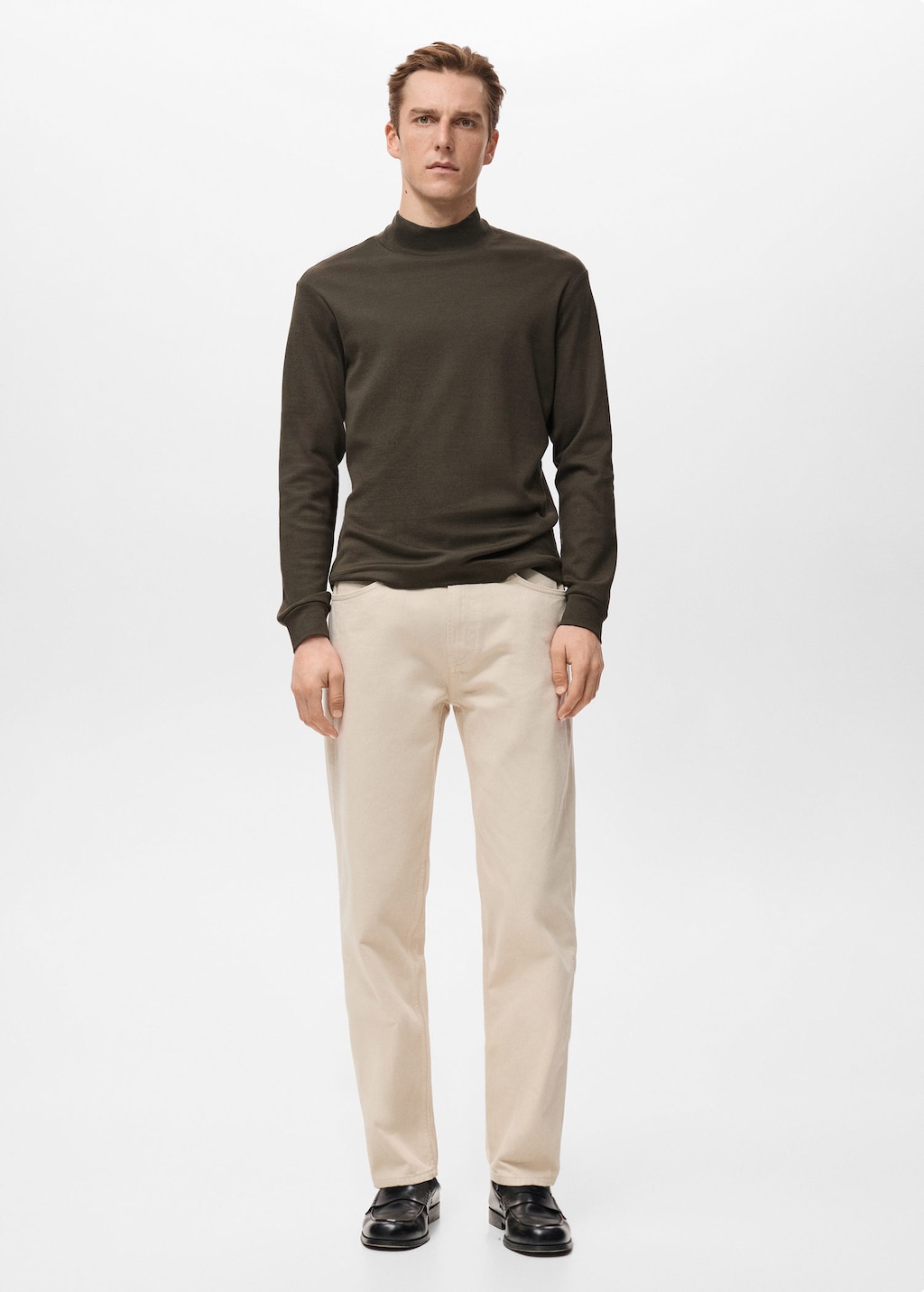 Mango Man Perkins-neck Long-sleeved T-shirt Chocolate In Brown