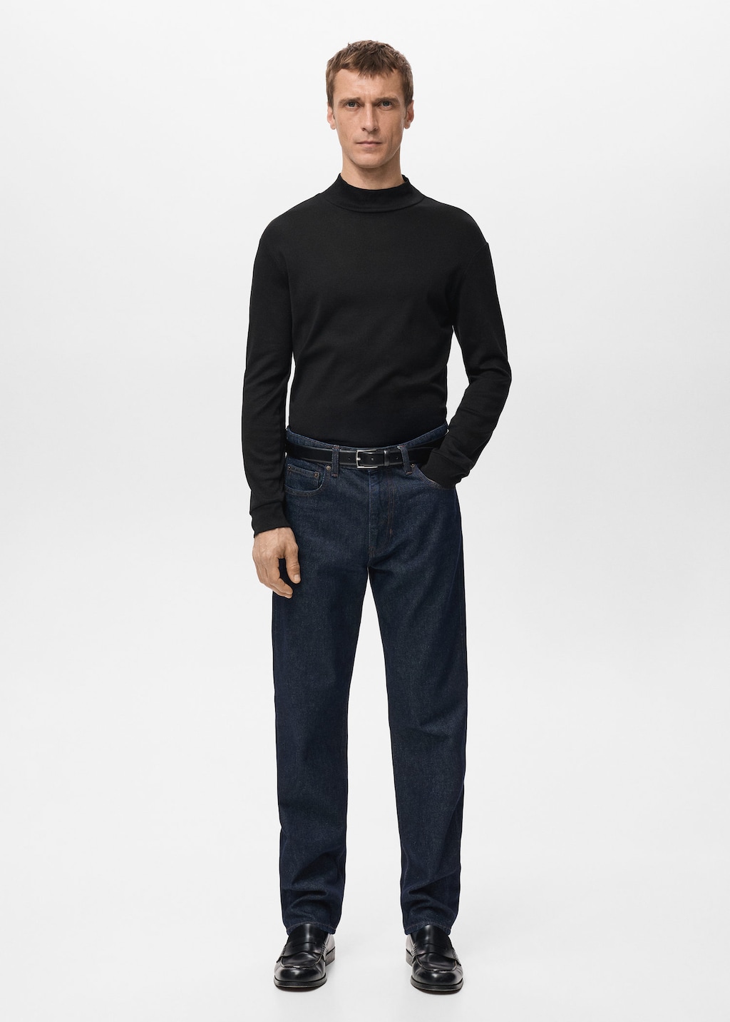 Mango Man Perkins-neck Long-sleeved T-shirt Black