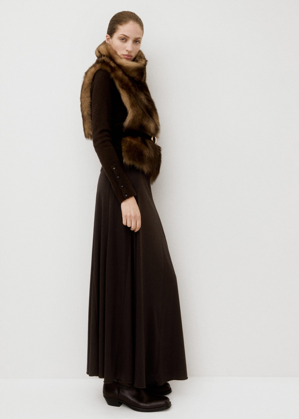 Mango Godet Midi Skirt Brown