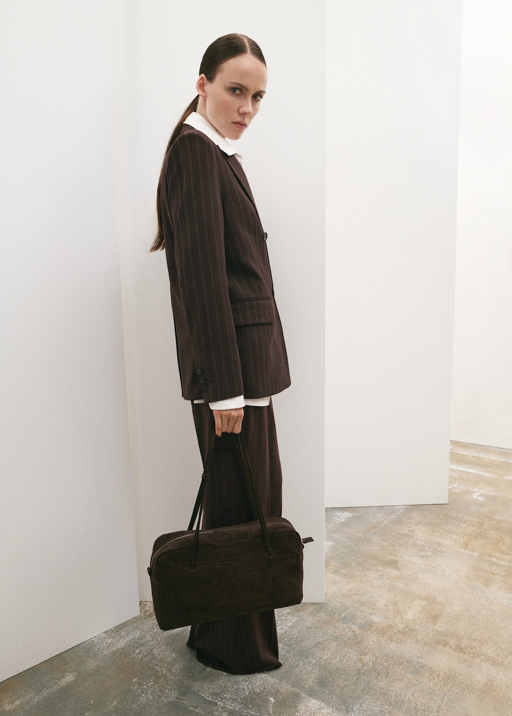 Mango Double-breasted Pinstripe Suit Jacket Brown