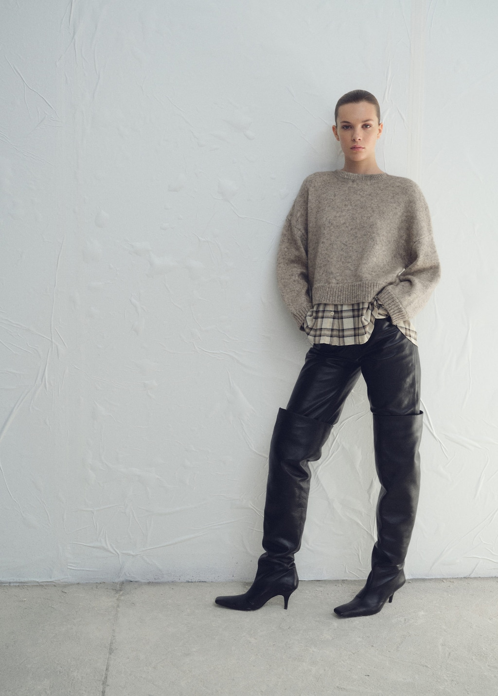 Mango Combined Shirt Sweater Medium Brown In Gray