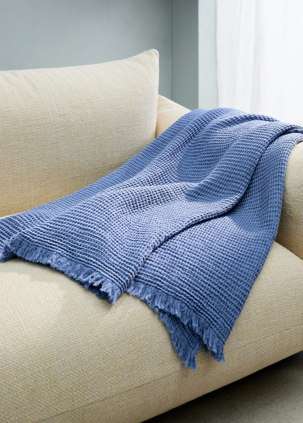 Mango Cotton Waffle Blanket With Fringed Finish Blue