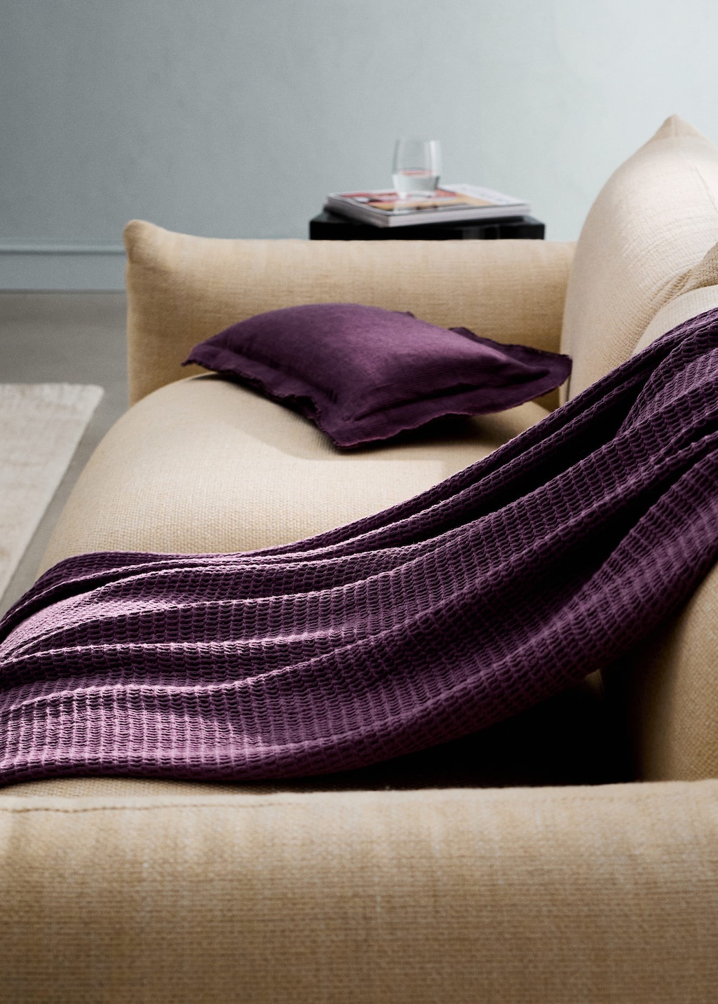 Mango Cotton Waffle Blanket With Fringed Finish Purple