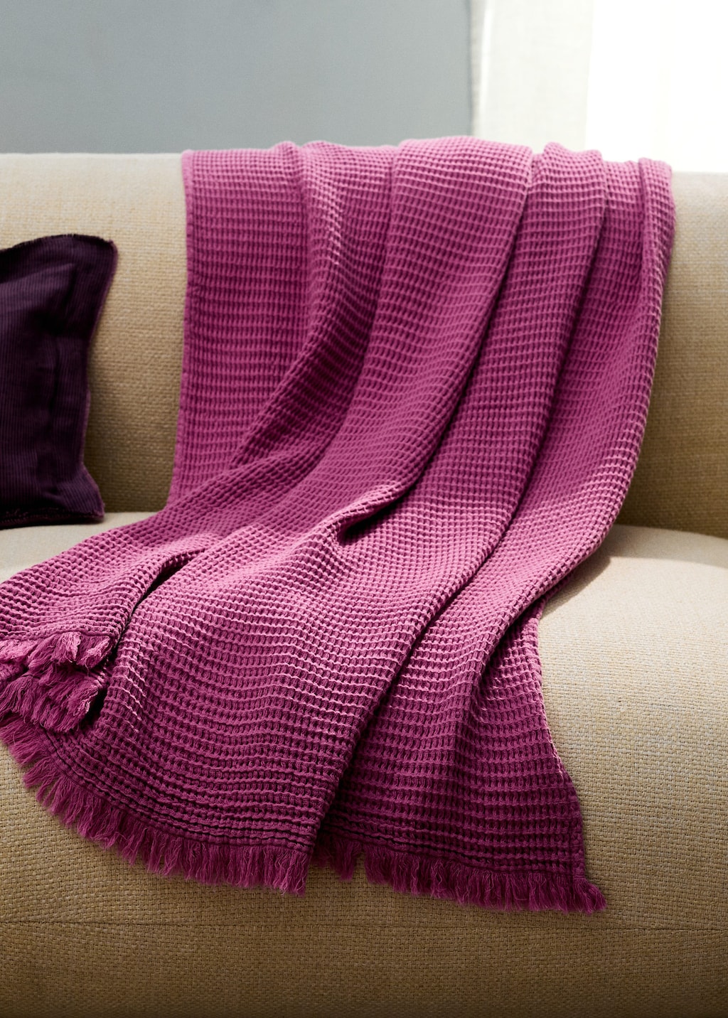 Mango Cotton Waffle Blanket With Fringed Finish Pink In Purple