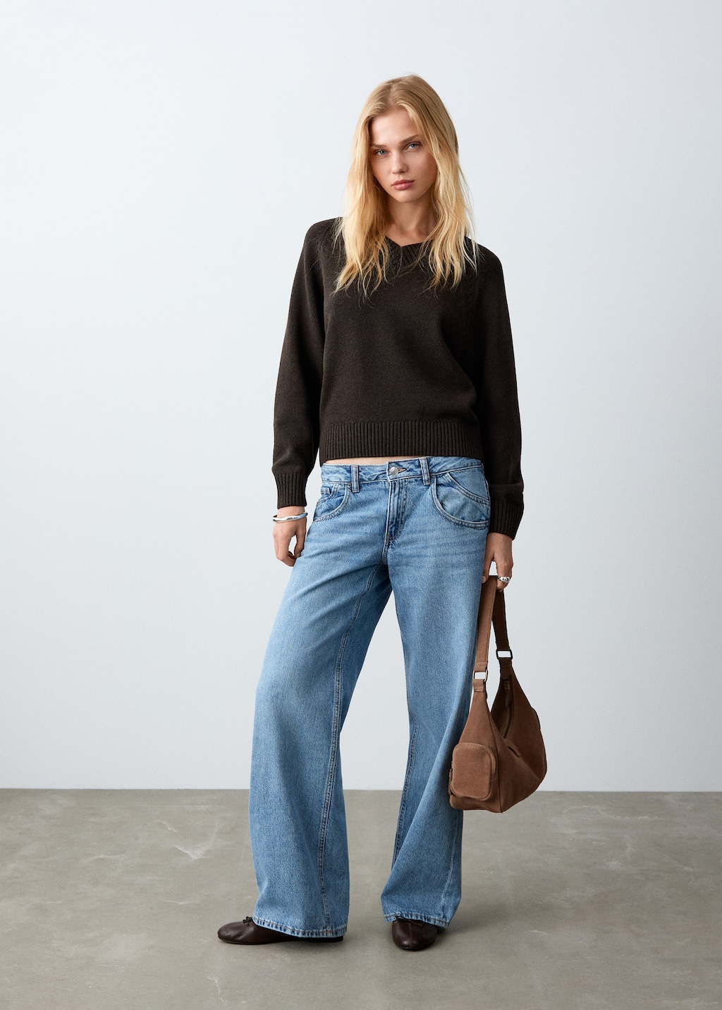 Mango Teen V-neck Knit Sweater Brown