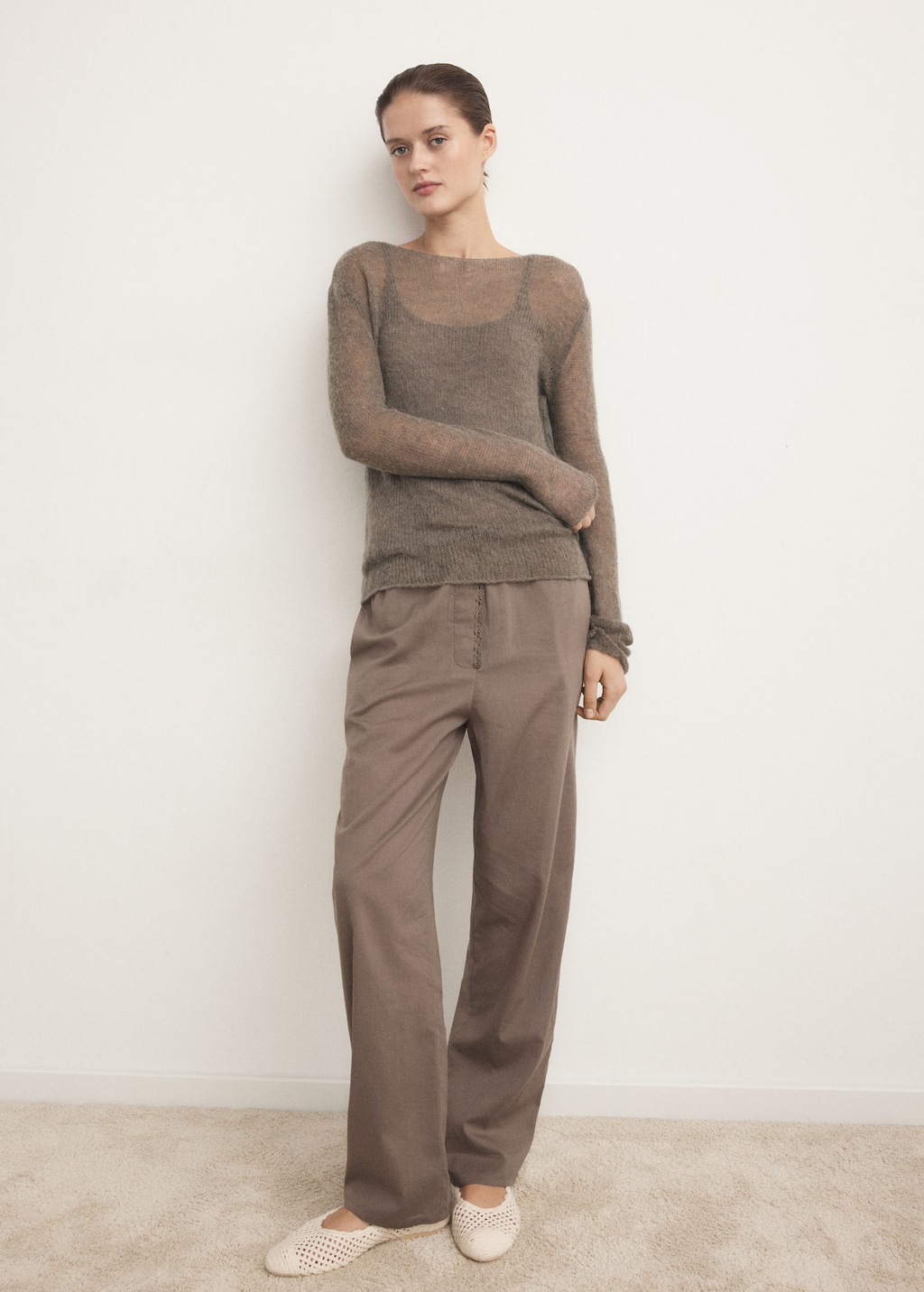 Mango Open-knit Wool Sweater Medium Brown