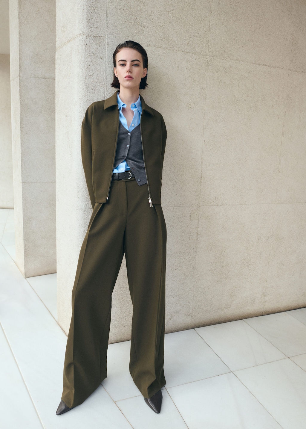 Mango Belt Straight-fit Trousers Khaki In Green