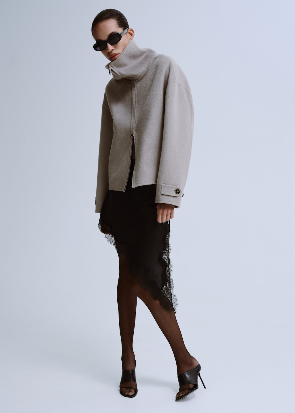 Mango Satin Asymmetric Short Skirt With Lace Black