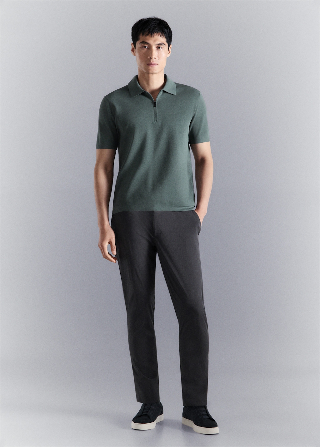 Mango Comfort Stretch Zip Polo Forest Green