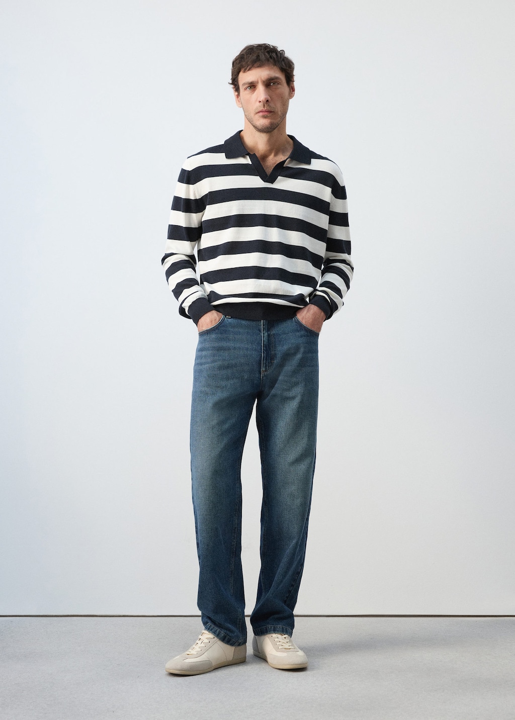 Mango Fine-knit 100% Cotton Polo Sweater In Navy