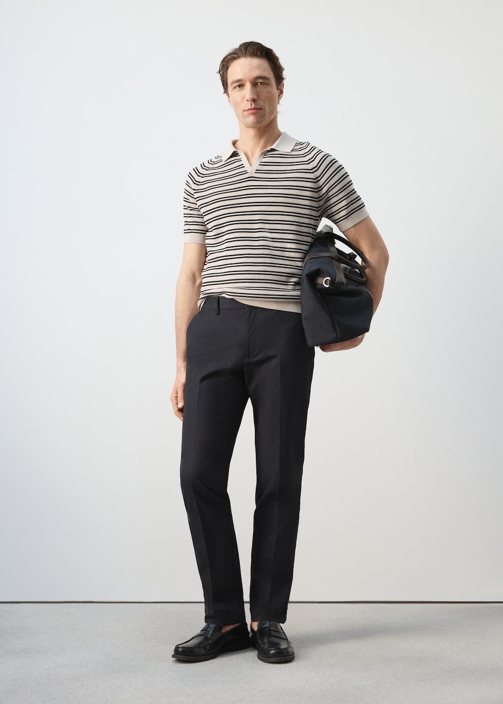 Mango Stripe Slub Polo In Gray