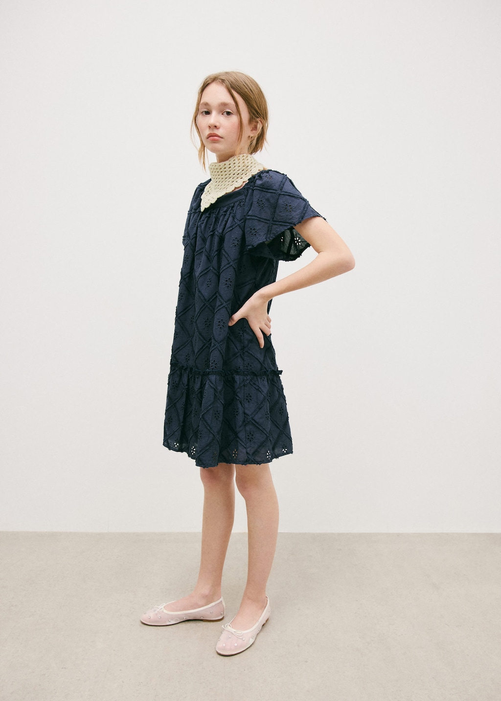 Mango Kids' Embroidered Short Dress In Navy