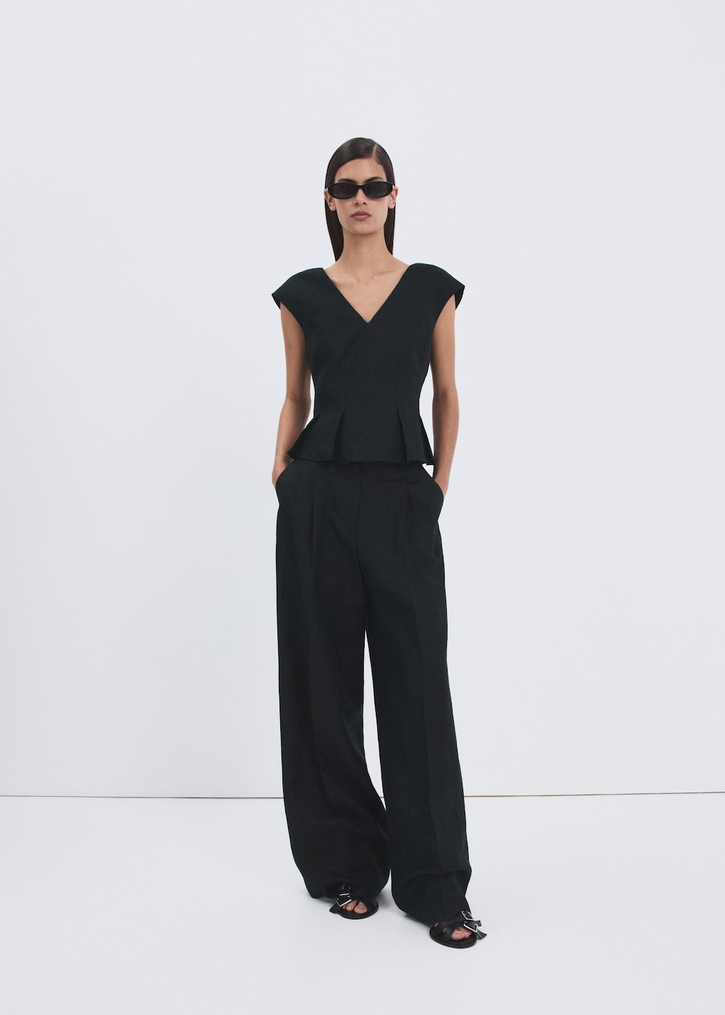 Mango Top Péplum Lin Bleu Marine - Femme - Xs -  In Black