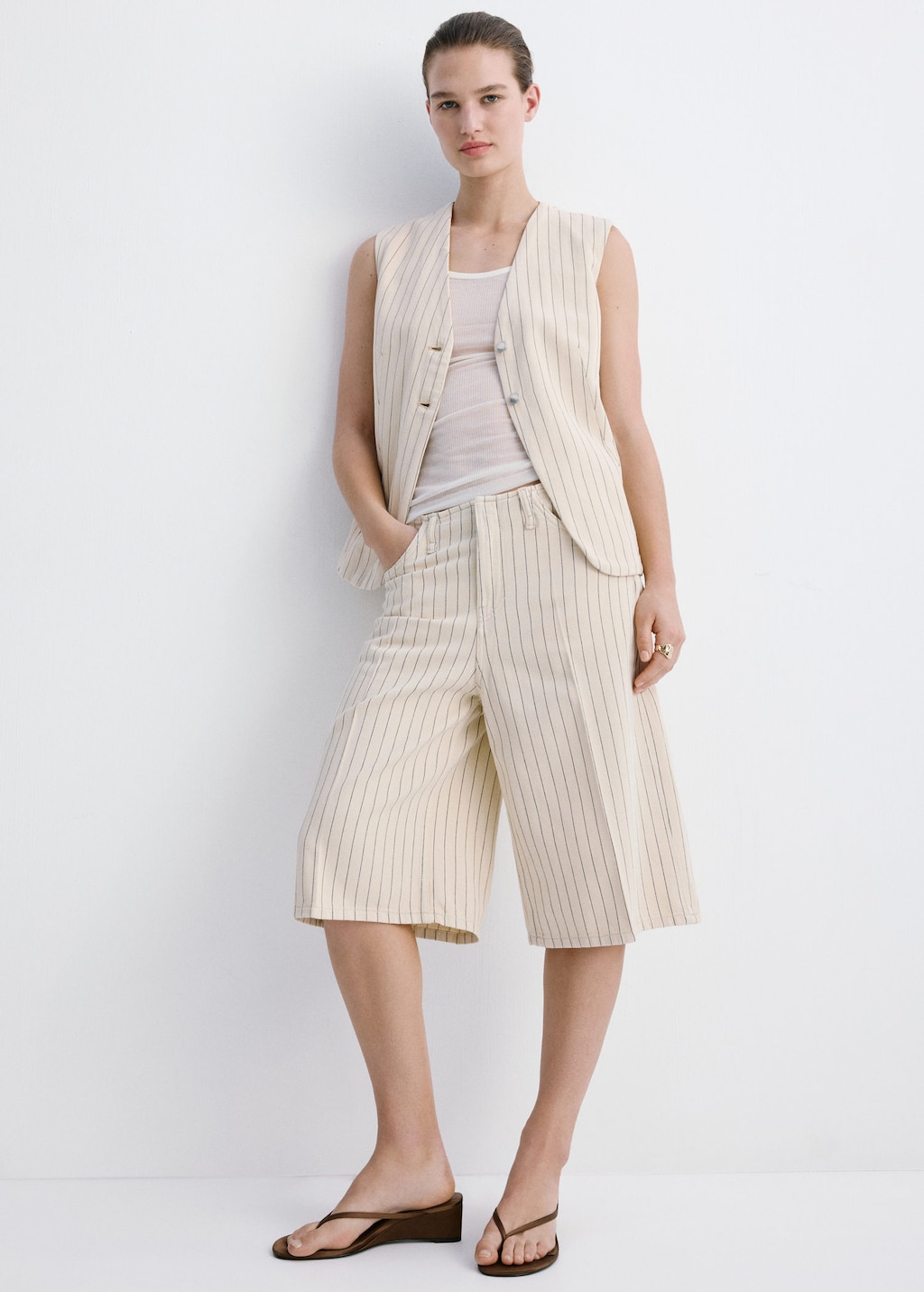 Mango Bermuda Rayures Taille Normale Vanille - Femme - 46 - In Neutral