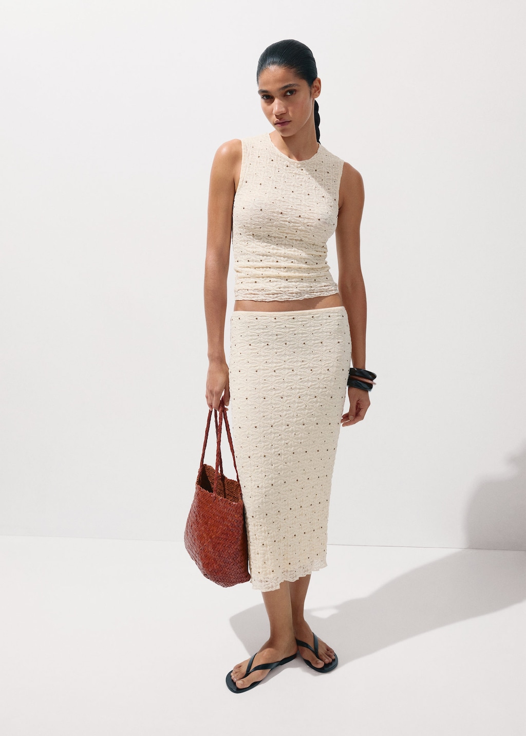Mango Studded Midi Skirt In Ecru