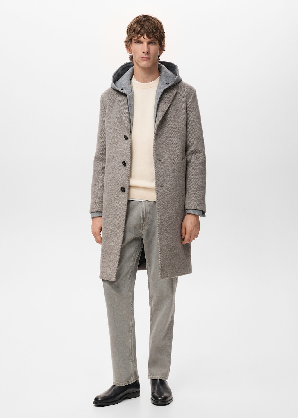 Mango Man Herringbone Structure Wool Coat Sand