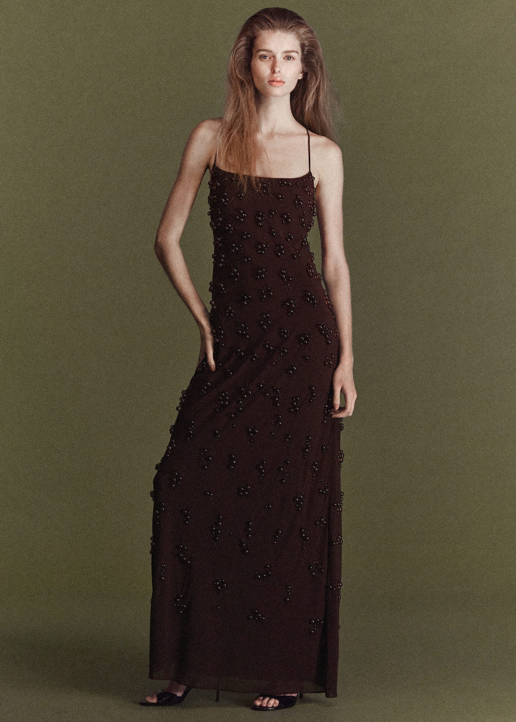 Mango Long Dress With Embroidered Spheres Brown