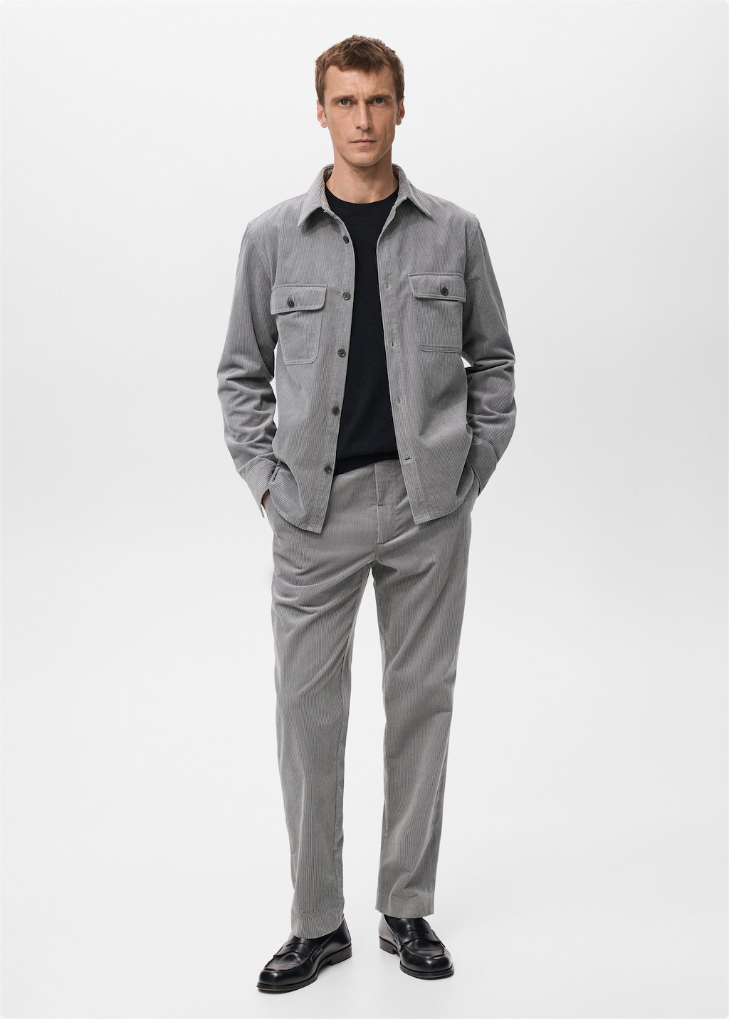 Mango Man Corduroy Overshirt With Pockets In Light Heather Grey
