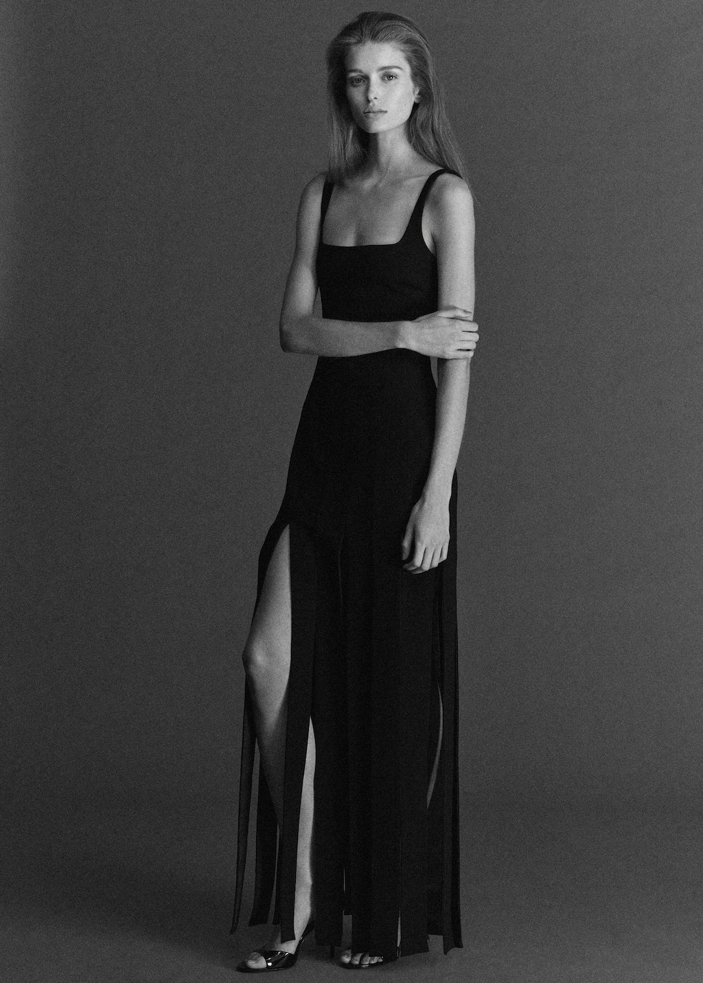 Mango Low-cut Dress With Fringed Hem Black