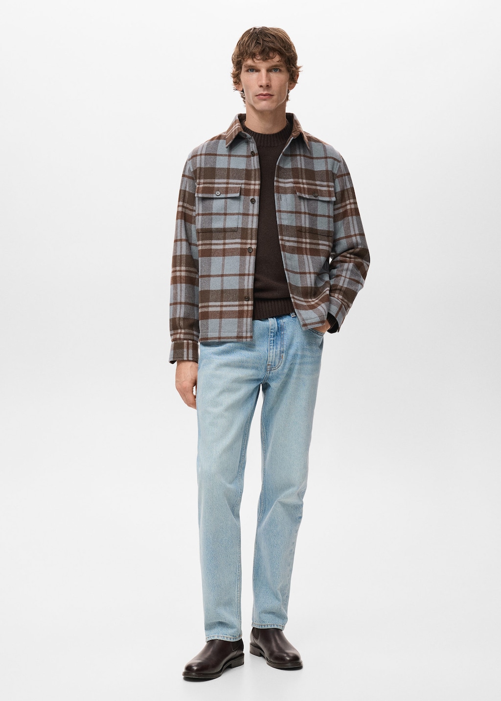 Mango Man Check Overshirt With Pockets In Blue