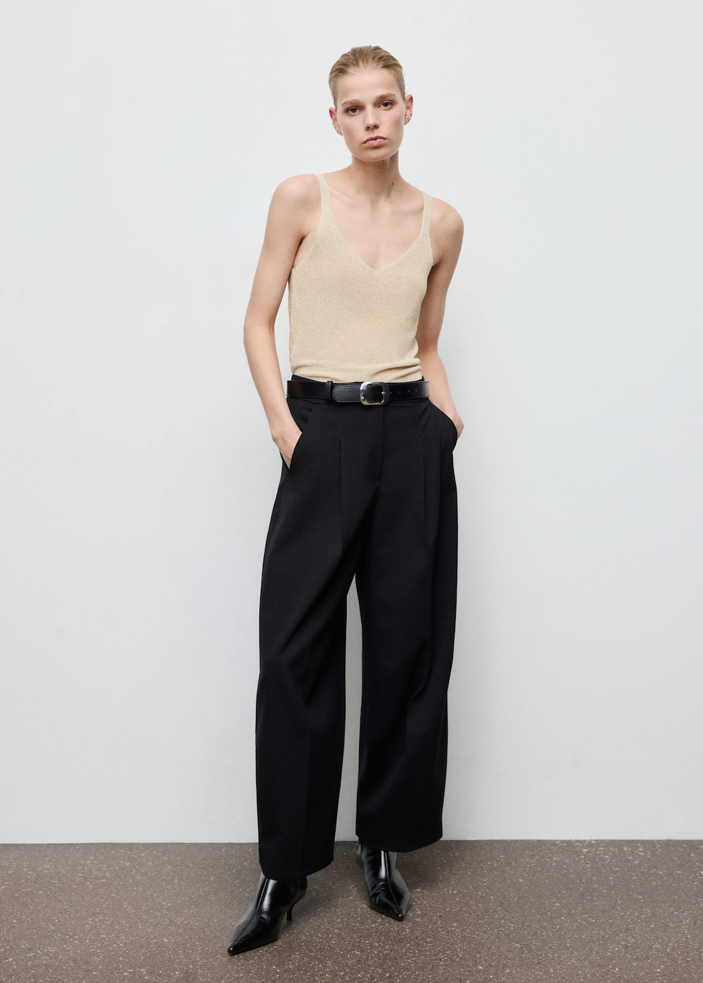 Mango Lurex Knitted V-neck Top Gold In Multi