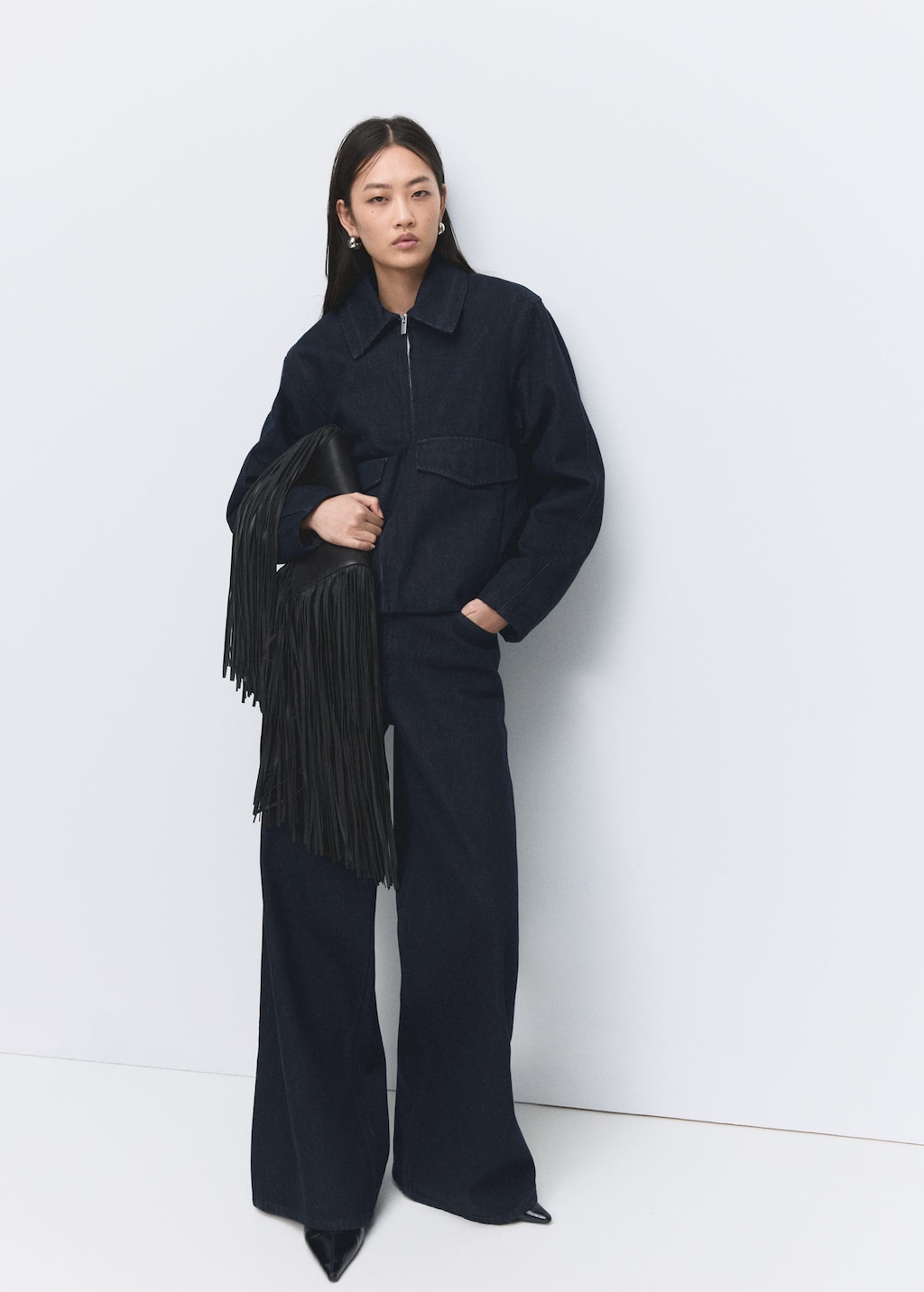 Mango Denim Jacket With Fur Collar Open Blue In Black