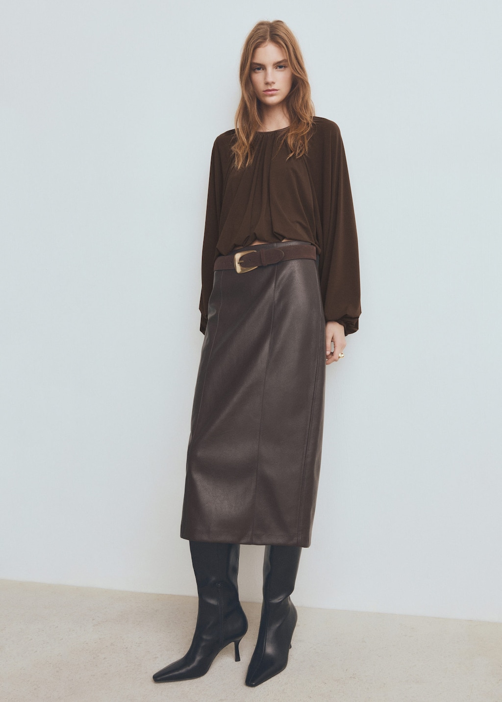 Mango Gathered Blouse With Round Neckline Brown