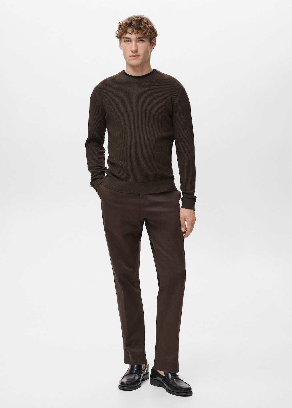 Mango Man Fine Rib-knit Cotton Sweater Chocolate In Brown