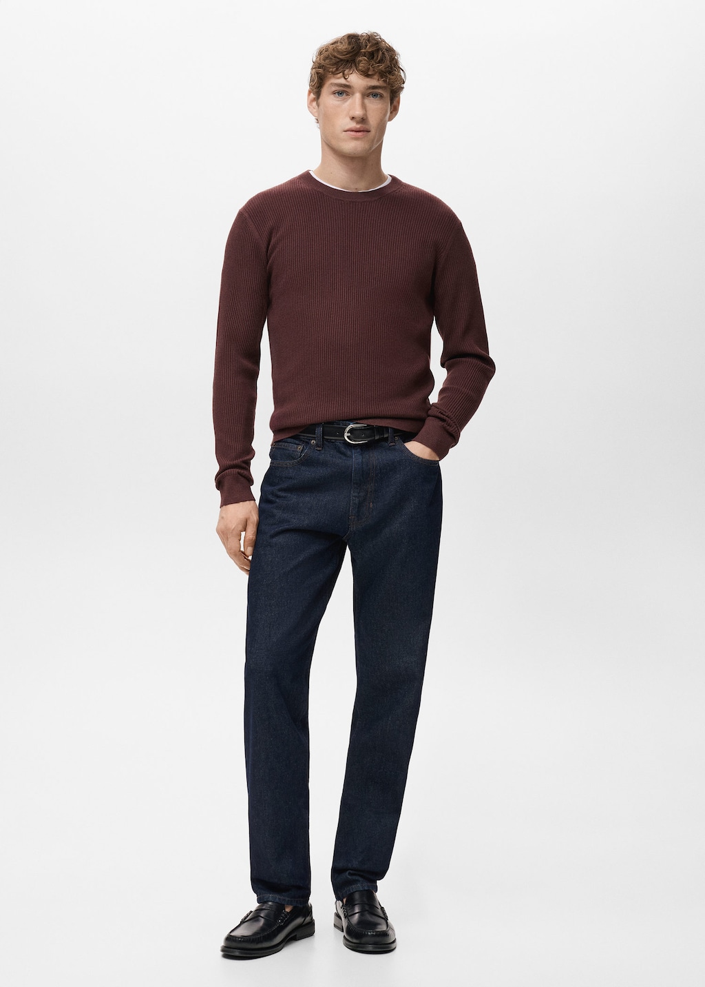 Mango Man Fine Rib-knit Cotton Sweater Burgundy