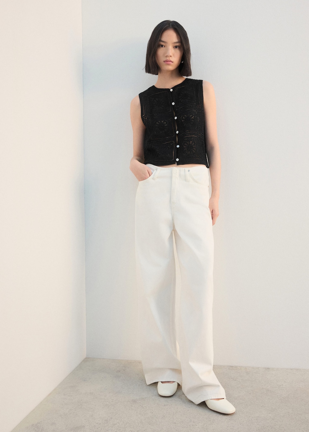 Mango Crochet Top With Buttons Black In Black
