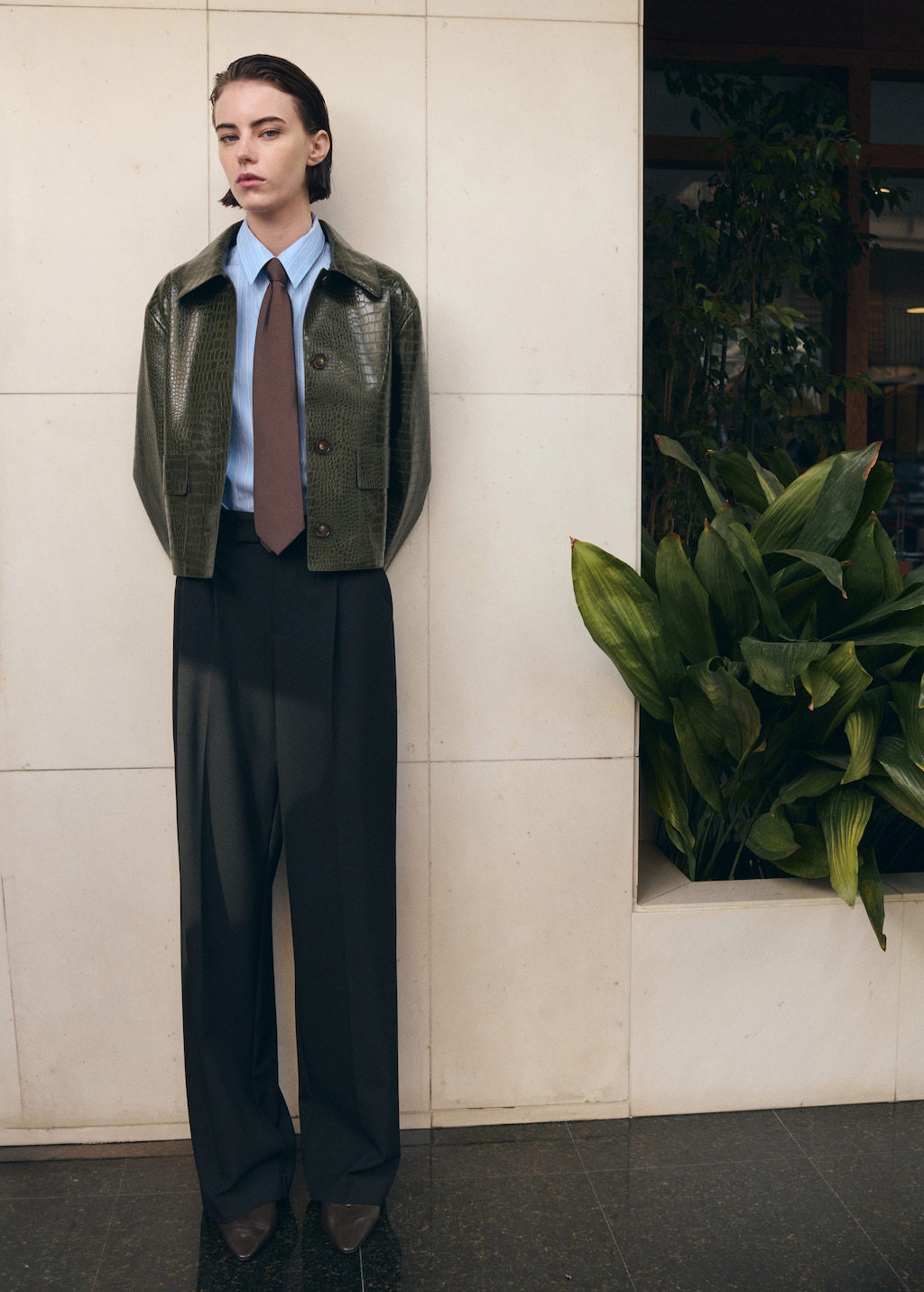 Mango Croc-effect Faux Leather Jacket Khaki In Green