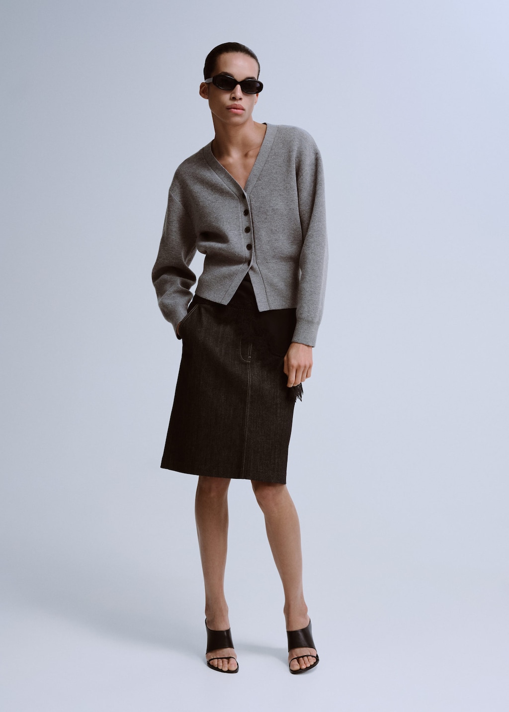 Mango V-neck Knitted Cardigan Medium Heather Grey In Gray