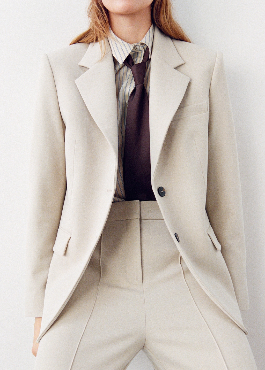 Mango Double-breasted Suit Jacket Ivory White In Brown