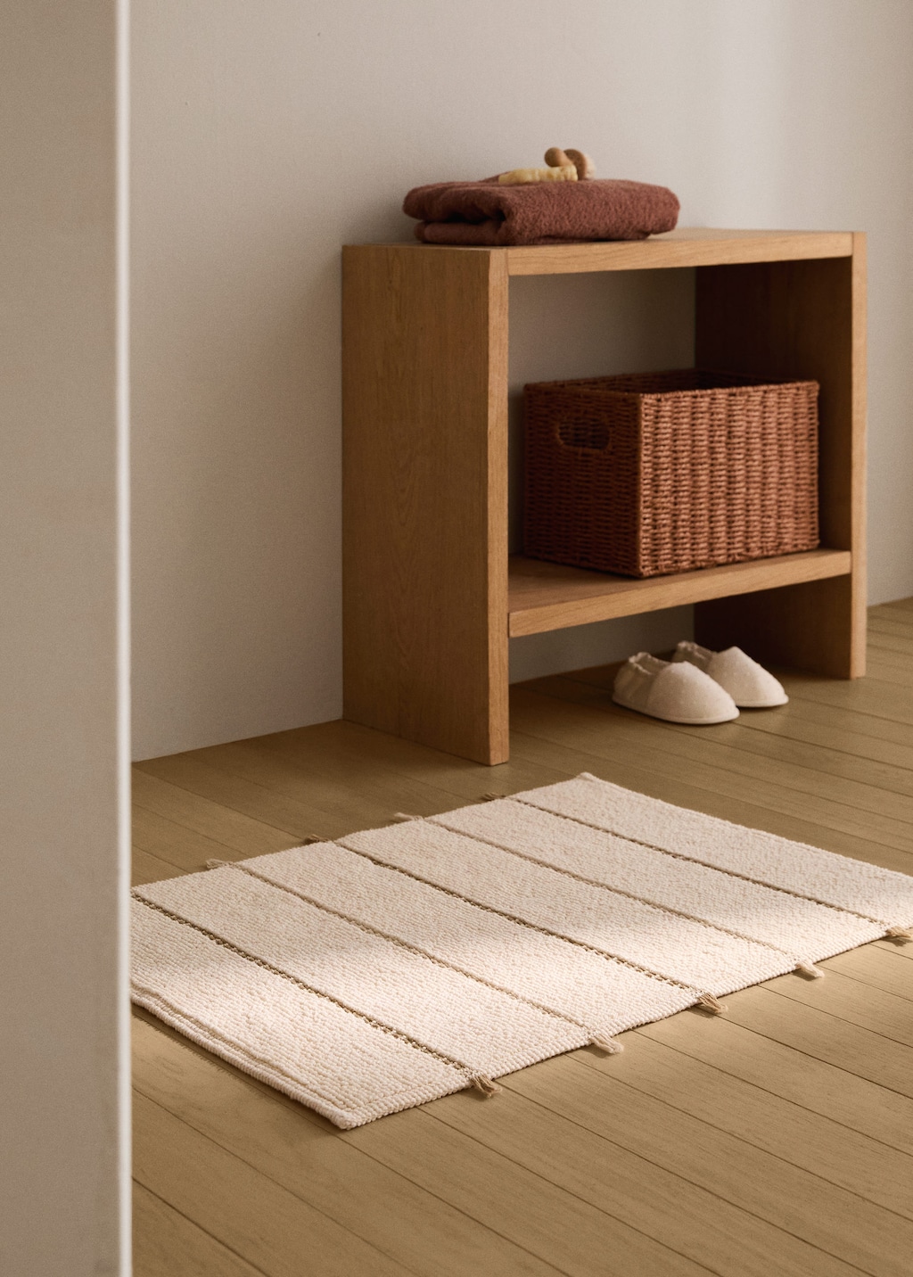 Mango Home Striped Bath Mat With Fringe Detail Ecru