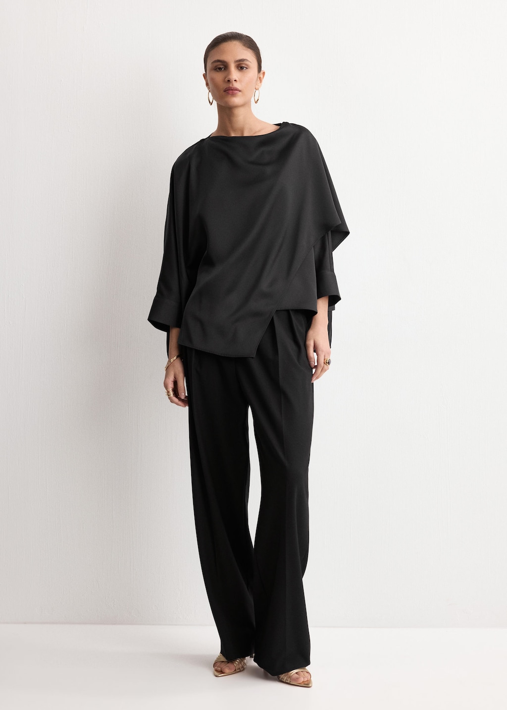 Mango Ruched Satin Blouse Black