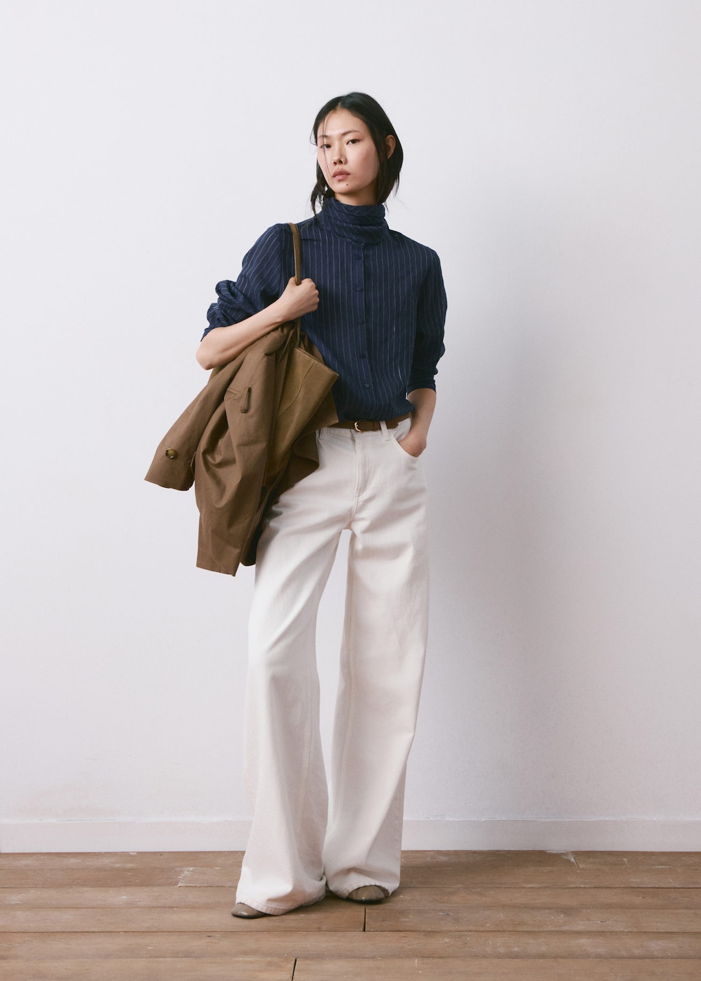 Mango Striped Blouse With Bow Tie Neck Navy In White